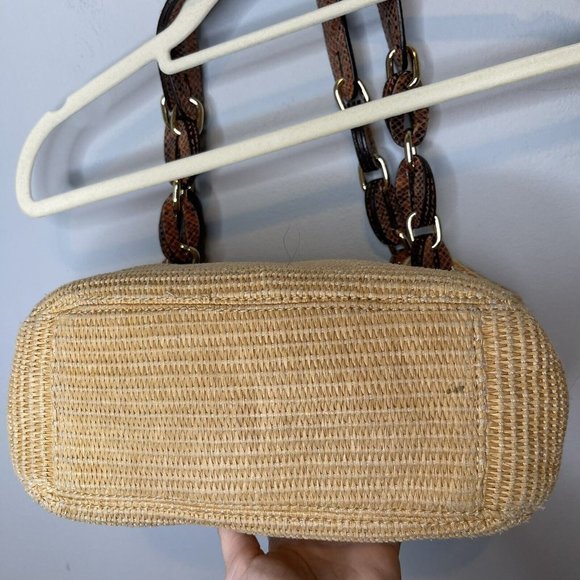 MICHAEL KORS STRAW SHOULDER BAG W/ REPTILE LEATHER TRIM GOLD TONE HARDWARE Boho - Picture 6 of 10